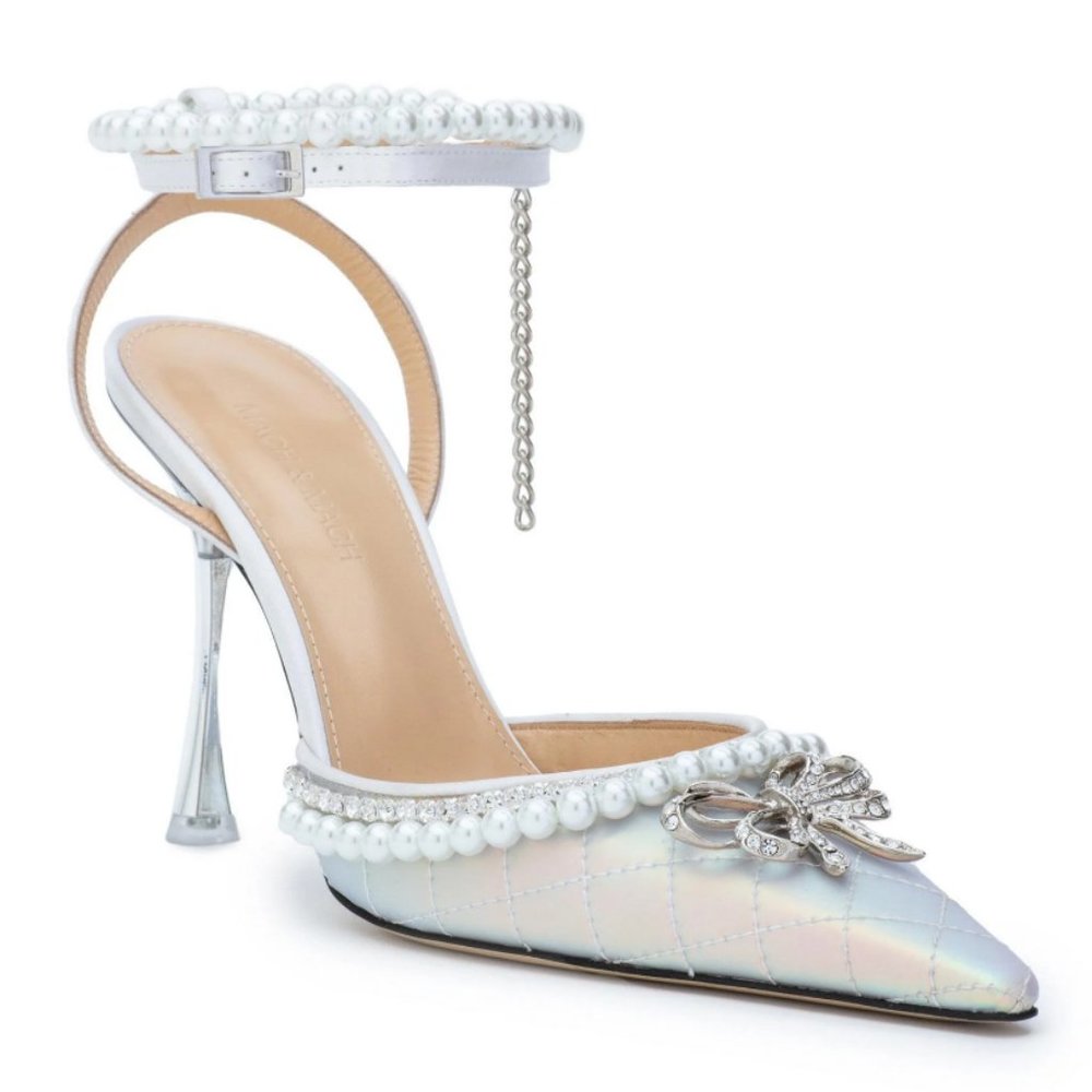 NWT MACH & MACH 100mm Pearl IRIDESCENT BOW OF ELIZABETH PVC HEELS